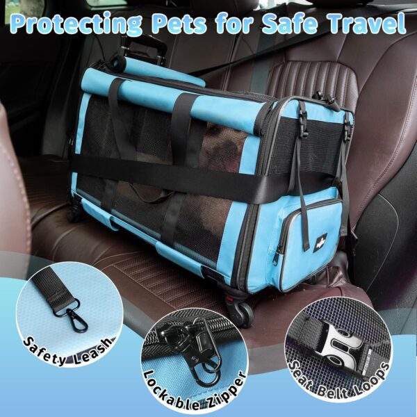 Large Cat Carrier with Wheels, Foldable Rolling Cat Carrier for 2 Cats with Wheels for Cat Dog Under 30 lbs, Cat Carrier Travel Bag with Large Pocket for Outdoor, Blue - Image 6