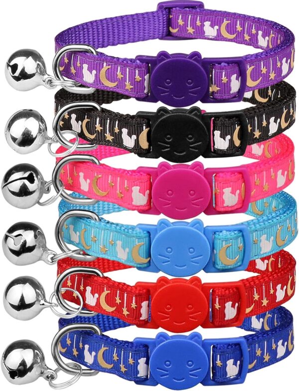 6 PCS Breakaway Cat Collars Golden Moon Cat Collars Safety Buckle Kitten Collar with Bell Glow in The Dark Cat Collars for Boy&Girl Cats