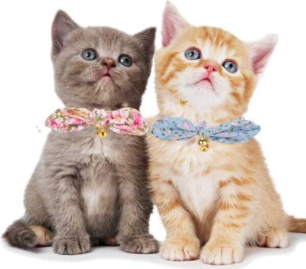 Cotton Bowtie Cat Collar with Bell 2 Pack Stylish Floral Breakaway Kitten Collars with Removeable Knot Bow,Blue & Pink - Image 5