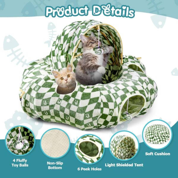 OUHOU Cat Tunnel Bed for Indoor Cats, Cat Donut Tunnel with Straight Tunnel, Washable Circle Cushion, 4 Hanging Balls and 6 Peek Holes, Collapsible Pet Play Tunnel Toy, Green - Image 4