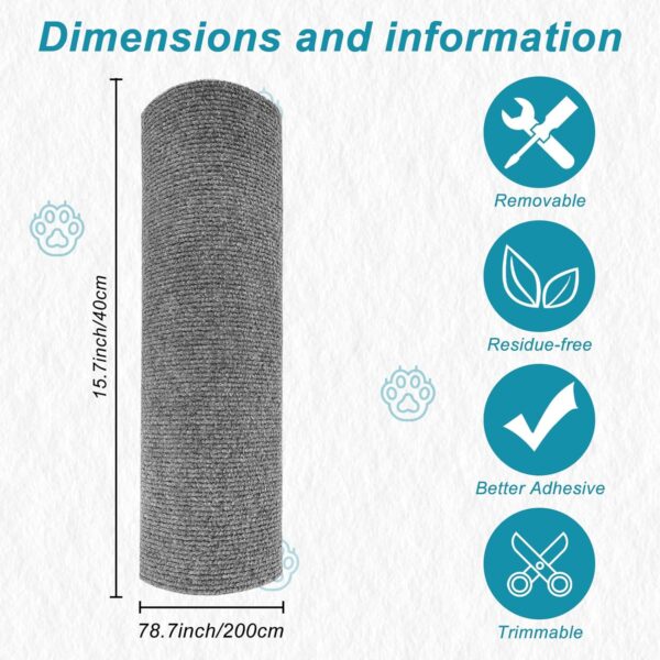 Trimmable Cat Scratching Post Carpet Covered 78.7”x15.8” Self-Adhesive Cat Tree Shelves Replacement Parts Mat Cat Scratcher for Cat Tree Shelf Shelves Steps Couch Furniture DIY Protector(Gray) - Image 3