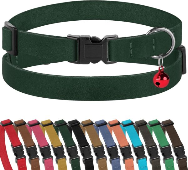 Breakaway Cat Collar Leather Soft Adjustable Pet Kitten Collars with Bell Pink Brown Blue Green Red (Emerald)