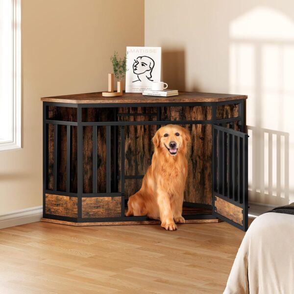 YITAHOME 52 Inch Corner Dog Crate Furniture, Heavy Duty Dog Kennel Indoor Furniture End Table Side Table Dog Crate, Modern Indoor Pet Crate Wooden Dog Crate for Large Dogs, Rustic Brown