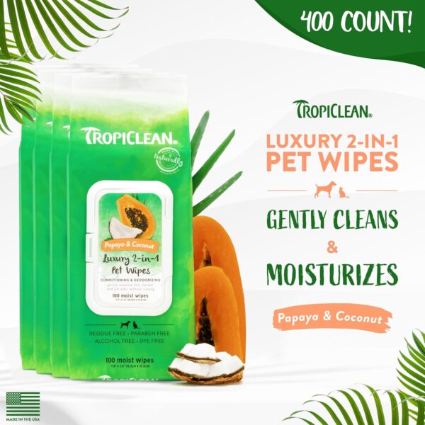 TropiClean Papaya & Coconut Dog Wipes for Paws and Butt | Deep Cleaning Dog Grooming Wipes | Safe for The Face | Cat Friendly | 400 Count - Image 2