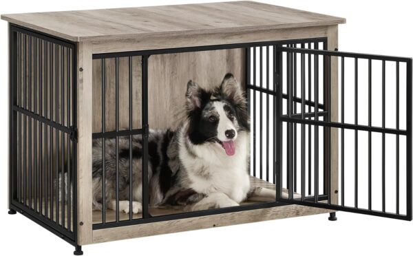 Feandrea Dog Crate Furniture, Side End Table, Modern Kennel for Dogs Indoor up to 70 lb, Heavy-Duty Dog Cage with Enclosed Base, Double-Door Dog House, Heather Greige UPFC023G01