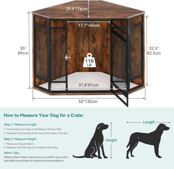 YITAHOME Corner Dog Crate Furniture, 52" Wooden Dog Crate with Dog Cushion, Dog Kennel Indoor for Small Medium Large Dogs, Brown - Image 4