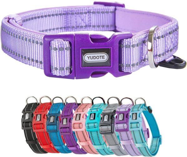 Reflective Nylon Dog Collar with Breathable Neoprene Padding,Adjustable for Medium Dogs.(Neck 13"-18.9",Lilac Purple)