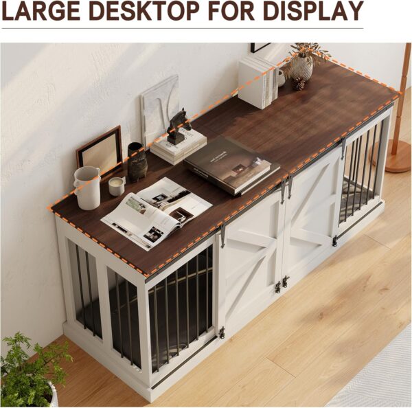 Dog Crate Furniture - Indoor Wooden Dog Kennel with Room Divider and Double Sliding Barn Doors - 71"x23.6"x31.5"H, White - Image 3