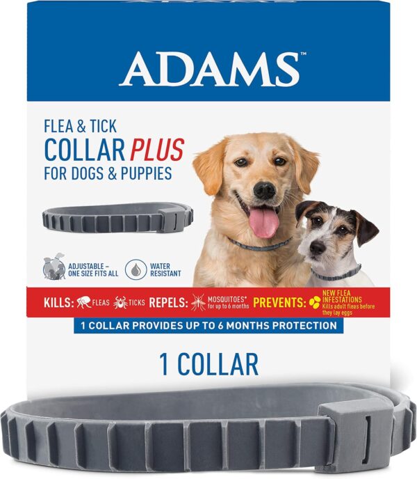 Adams Flea & Tick Collar Plus for Dogs & Puppies, 6-Month Protection, One Size Fits All Dogs & Puppies, Kills Fleas & Ticks, Repels Mosquitoes For Up To 6 Months (excluding California)