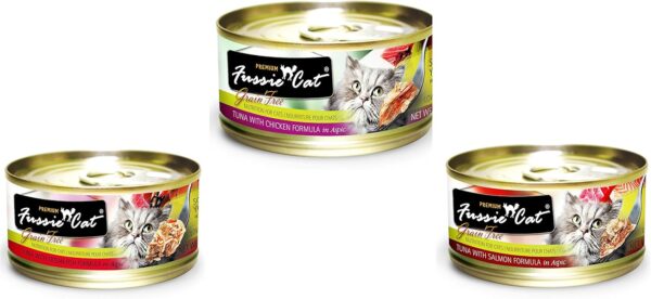 Fussie Cat Premium Grain Free Canned Cat Food 3 Flavor Variety Bundle: (4) Tuna with Chicken, (4) Tuna with Salmon and (4) Tuna with Ocean Fish, 2.82 Oz Each (12 Cans Total) - Image 2