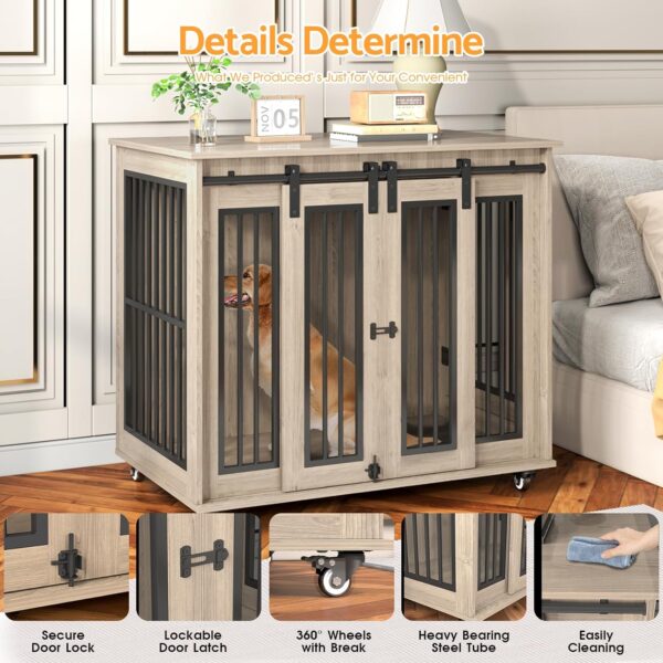 Dog Crate Furniture with Sliding Barn Door, 38.5 Inch Heavy Duty Dog Kennel Chew-Resistant, Indoor Wooden End Table Pet House for Small/Medium/Large Dogs (Grey) - Image 9