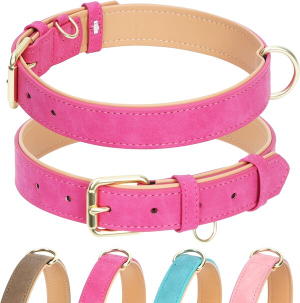 Leather Dog Collar for Small Medium Large Dogs, Soft Padded Dog Leather Collar with Heavy Duty Gold Buckle, Durable & Comfortable for Medium Dogs Daily Walking (Hot Pink, M)