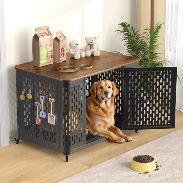 Dog Crate Furniture for Large and Medium Dogs, 43.7 Inch Dog Crate with Cushion & Wheels, Decorative End Table Pet House for Large/Medium/Small Dog, Rustic Brown