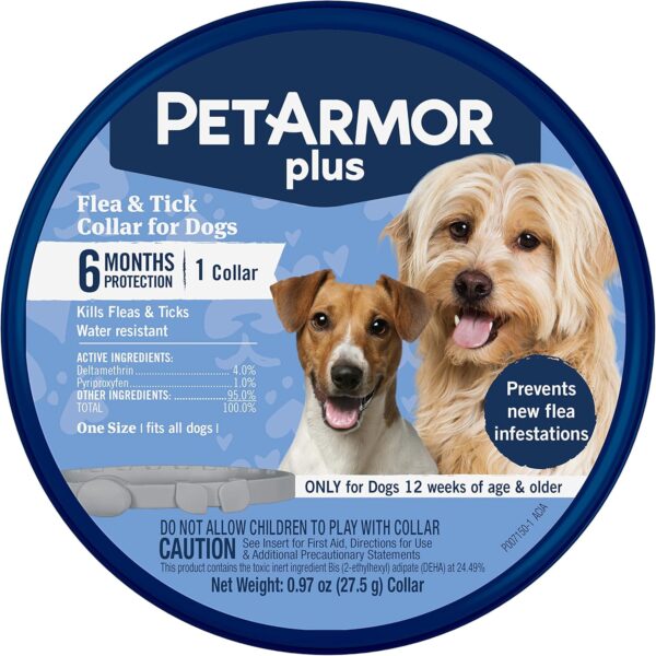 PetArmor Plus Flea & Tick Collar for Dogs, Kills Fleas & Ticks, Long Lasting Protection for 6 Months, Water Resistant, One Size Fits All, 1 Collar