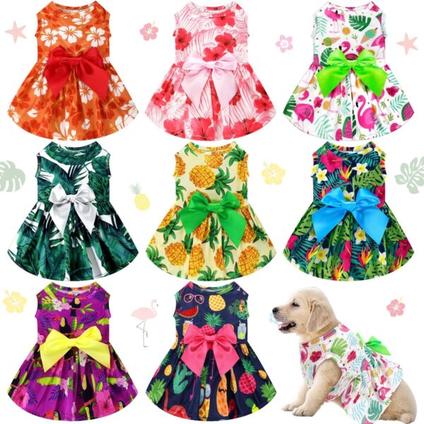 LEIFIDE 8 Pcs Summer Themed Hawaii Dog Dresses Holiday Dog Dress Flamingo Fruit Floral Pattern Pet Skirts Hawaii Puppy Princess Dresses Outfits Bowknot Puppy Dresses for Girl Dogs Cats Beach (Medium)