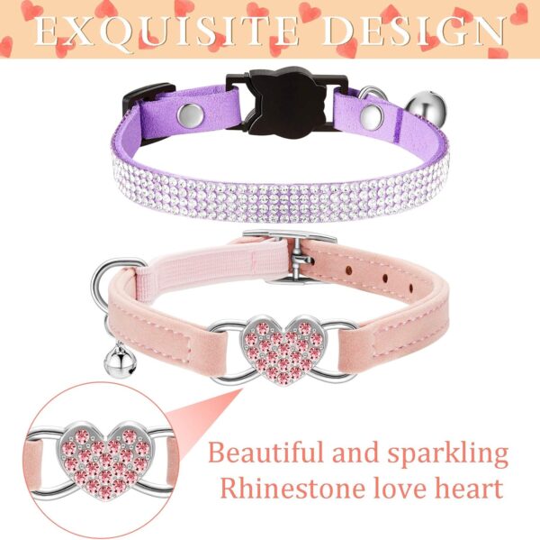 Weewooday 4 Pcs Rhinestone Cat Collar Heart Bling Breakaway Girl Cat Collar Soft Velvet Fancy Cat Collar with Heart Bling Cat Collar Adjustable Safety Kitten Collar with Bell for Kitty(Pink, Purple) - Image 3