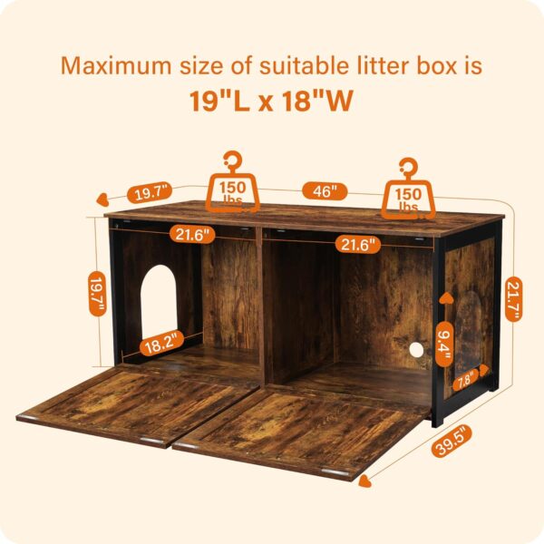 Dwanton 46" Litter Box Enclosure for 2 Cats, Large Cat Litter Box Furniture Hidden with Double Rooms, Wooden Cat Washroom Indoor, Fit Most of Litter Box, Rustic Brown, 46" L x 19.7" W x 21.7" H - Image 5