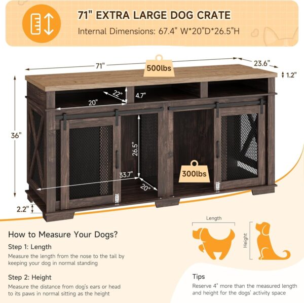 71" Extra Large Dog Crate Furniture,Wooden Double Dog Crates Kennel Cage,Furniture Style TV Stand Side End Table for 2 Dogs with Removable Divider for Large Dogs,Dark Walnut/Light - Image 7