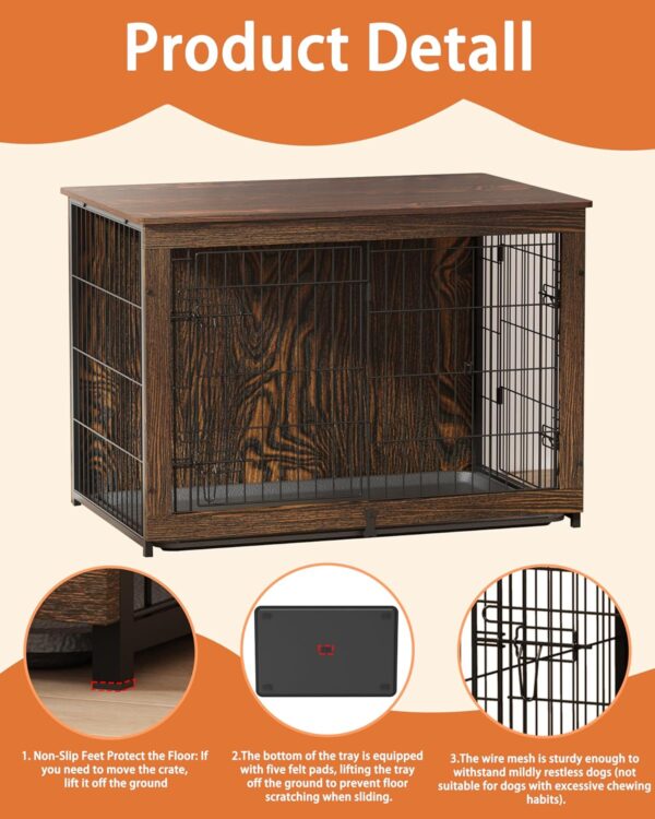 Wooden Dog Crate Furniture with Cushion, Dog Crate End Table with Tray, Double Doors Dog Crate(L:37" L*25" W*26" H, Rustic Style) - Image 5