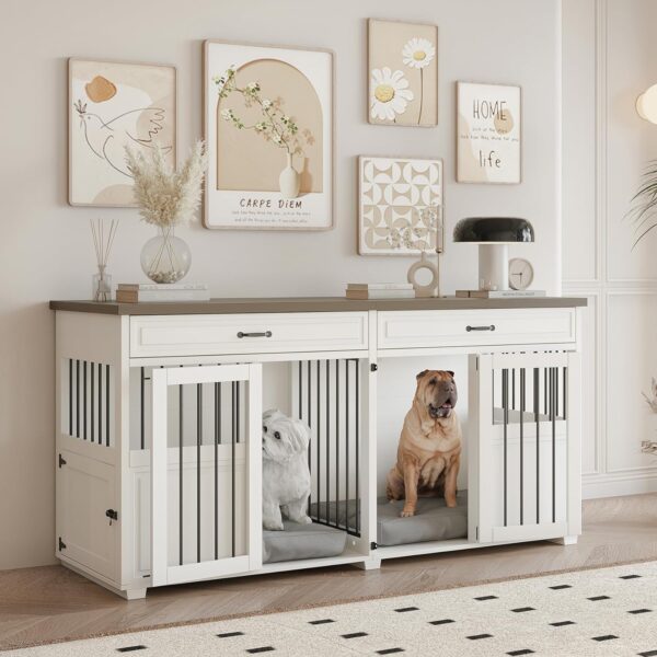 Dog Crate Furniture - Indoor Wood Dog Kennel Furniture 4 Doors with Divider and 2 Drawers - 72" L x 23.6" W x 34.8" H, White