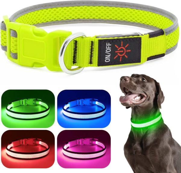 LED Dog Collar, USB Rechargeable Light Up Dog Collar Lights, Adjustable Comfortable Soft Mesh Safety Dog Collar for Small, Medium, Large Dogs(Large, Neon Green) - Image 2