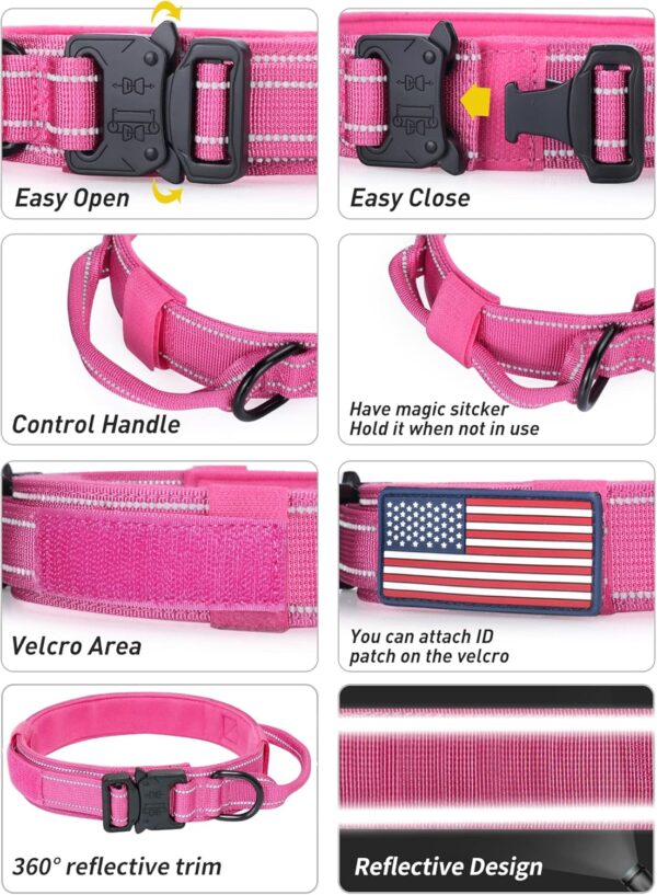 Reflective Dog Collar, Tactical Dog Collar for Medium Dogs, Heavy Duty Dog Collars with Handle and Metal Buckle Great for Female Dogs Training, with Airtag case and 2 Patches(Pink, L) - Image 4