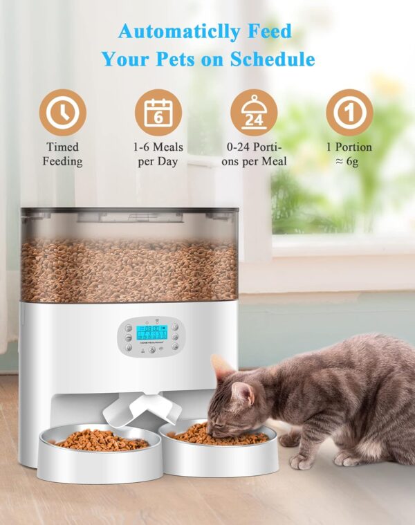 Automatic Cat Feeder, HoneyGuaridan 6L Pet Feeder for 2 Cats & Dogs, Auto Cat Dry Food Dispenser with Desiccant Bag, Timer Feeder Portion Control 1-6 Meals per Day, Dual Power Supply, Voice Recorder - Image 2