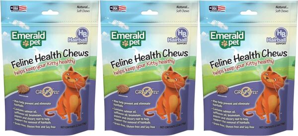 Emerald Pet 3 Pack of Hairball Feline Health Chews, 2.5 Ounces Each, Grain-Free, Made in The USA