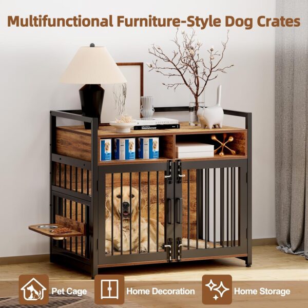 Large Dog Crate Furniture, 41inch Furniture Dog Crate with Drawers Storage, 360°and Adjustable Raised Feeder, Wooden Dog Crate for Large/Medium Dog Indoor brown 41inch - Image 2