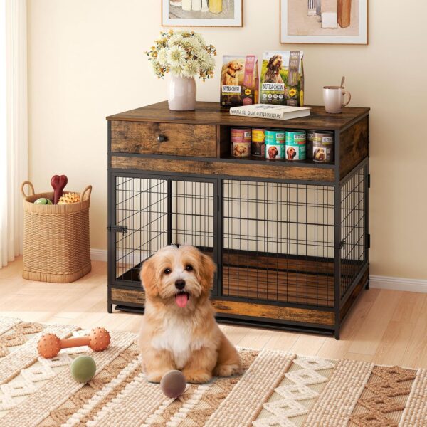 Dog Crate Furniture, 31.5 Inch Dog Kennel with Storage Drawer, Double Doors Heavy Duty Dog Cage with Removable Tray, Indoor Wooden Pet Crate for Small Medium Dogs, Rustic Brown - Image 2