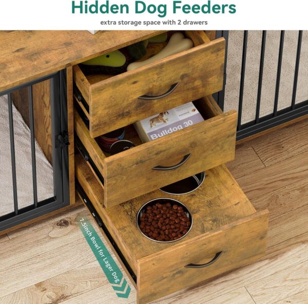 YITAHOME 74" Double Dog Crate Furniture with 2 Feeder Bowls, Wooden Dog Kennel TV Stand with Room Divider for 2 Large Medium Small Dogs, Rustic Brown - Image 4