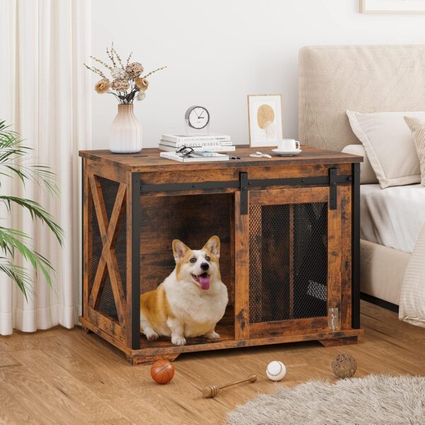 IDEALHOUSE 37'' Dog Crate Furniture Side End Table with Flip Top and Movable Divider, Wooden Dog Crate Table Large, Style Dog Kennel Side End Table