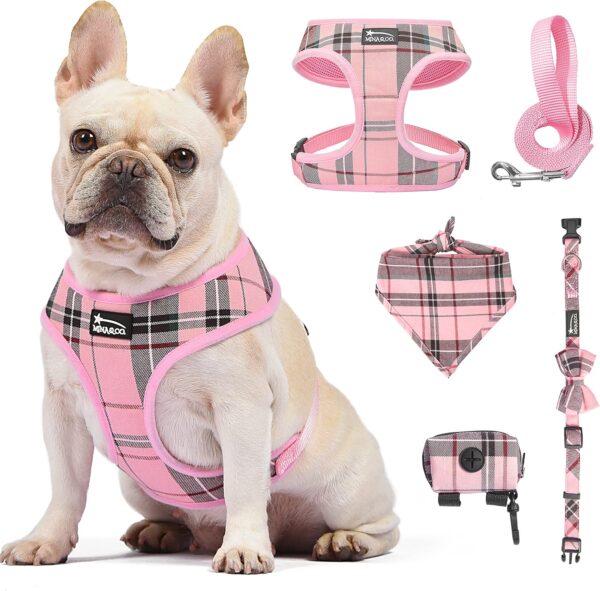 MINA&CO Dog Harness for Small Dogs No Pull - Adjustable Mesh Puppy Harness and Leash Set, Harness Medium Size Dog, Puppy Collar and Leash Set with Bandana & Poop Bag, Dog Vest Harness (Pink, Small)