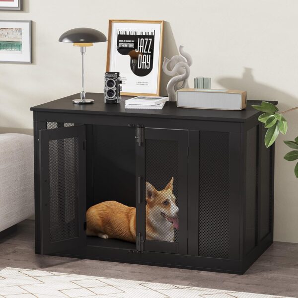 Irontar End Table Dog Crate Furniture for Small to Large Dogs, Wooden Dog Kennel with Cushion, Double-Door Dog House, Black MGW001H