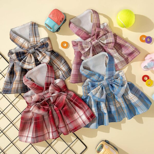 4 Pcs Plaid Dog Dress Bow Tie Harness Leash Set Harness Dress for Small Dogs Cute Dog Pet Girl Puppy Summer Clothes for Female Summer Bunny Rabbit Clothes Yorkie Chihuahua Training Walking (L) - Image 4