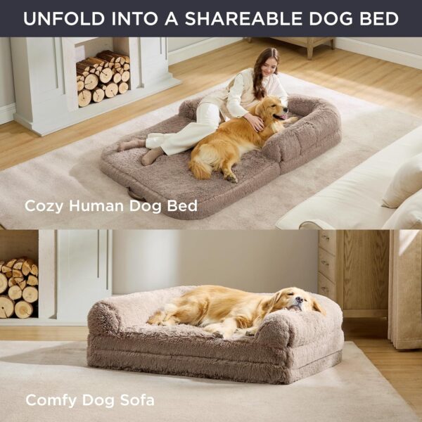 Bedsure Foldable Human Dog Bed for People Adults, 2 in 1 Calming Human Size Giant Dog Bed Fits Pet Families with Egg Foam Supportive Mat and Waterproof Liner, Faux Fur Orthopedic Dog Sofa, Camel - Image 3