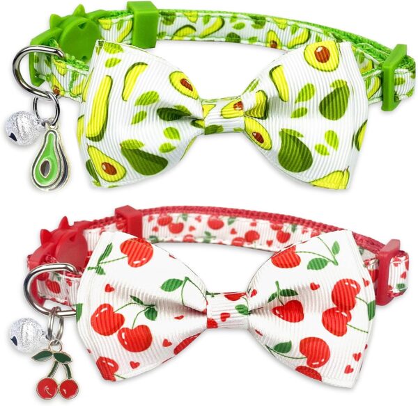 Pohshido 2 Pack Cat Collar with Bow Tie and Bell, Kitty Kitten Summer Cherry and Avocado Collar Breakaway Collar for Males Females Boys and Girls Cats (Cherry+Avocado)