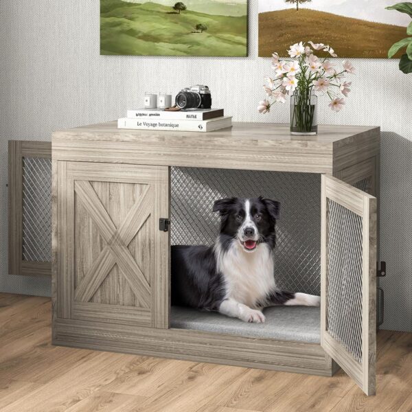 Wooden Dog Crate Furniture,36 Inch Dog Kennel Indoor with Double Doors, Medium Dog Cage with Cushion, Wood Pet House End Table Chew-Resistant for Medium/Small Dog, Grey - Image 3