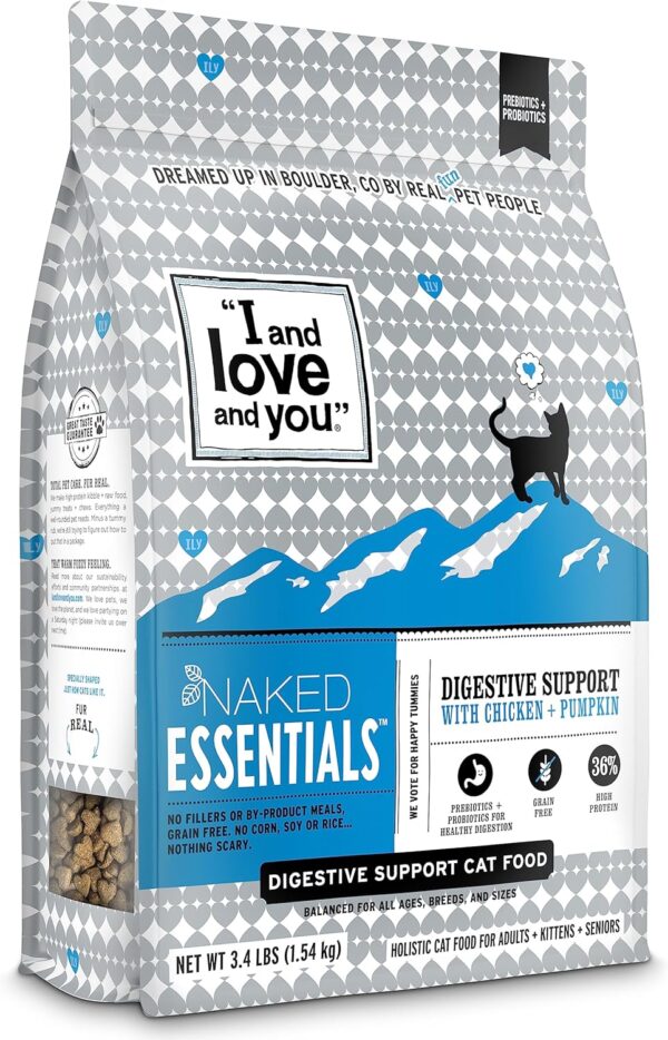 "I and love and you" Naked Essentials Dry Cat Food, Digestive Support Chicken and Pumpkin Recipe, Grain Free, Real Meat, No Fillers, 3.4 lb Bag