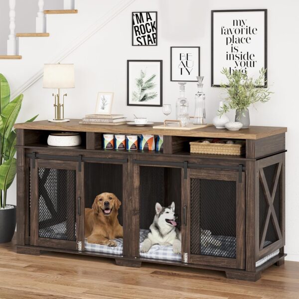 71" Extra Large Dog Crate Furniture,Wooden Double Dog Crates Kennel Cage,Furniture Style TV Stand Side End Table for 2 Dogs with Removable Divider for Large Dogs,Dark Walnut/Light - Image 3