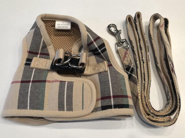 PUPTECK Soft Mesh Dog Harness and Leash Set Step-in Plaid Puppy Padded No Pull Vest Harness for XS Small Medium Sized Dogs Cats Outdoor Walking, Beige S - Image 2