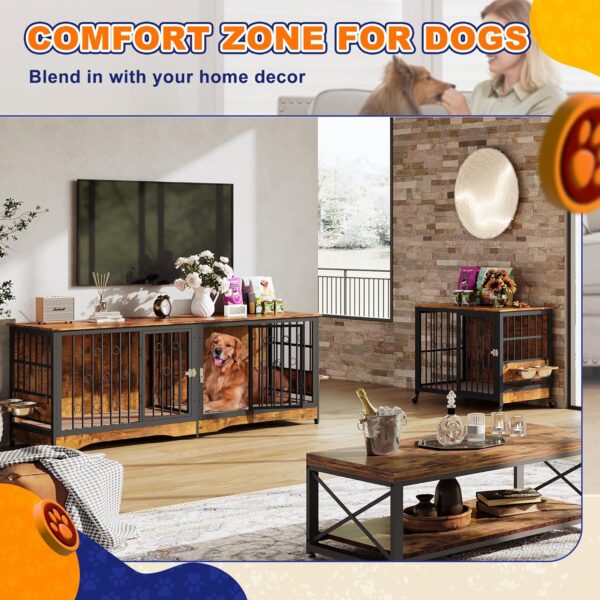 75'' Dog Crate Furniture Large Storage TV Stand with Dual Cushion / 4 Bowls/Double Rooms, Wooden Dog Kennel Dog Crate End Table with Removable Divider for Large Medium Dogs, Rustic Brown - Image 2