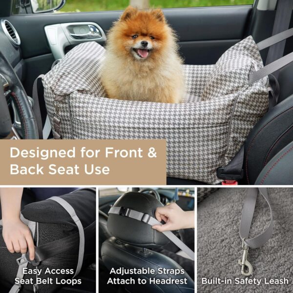 Lesure Small Dog Car Seat for Small Dogs - Waterproof Dog Booster Seat for Car with Storage Pockets and Clip-On Safety Leash and Thickened Memory Foam Filling, Pet Travel Carrier Bed Grey Houndstooth - Image 2