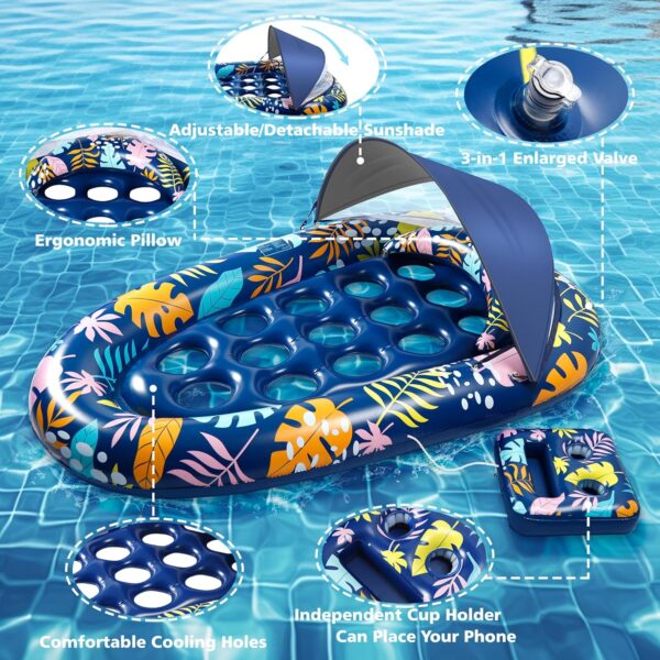 Pool Float Lounger with Detachable Sunshade,Pillow, and Cup Holder, 3-in-1 Pool Floats Adult 77"X50", XL Multi-Purpose Inflatable Pool Toys for Pool Party, Beach, Lake, River, Sea, Outdoor - Image 2