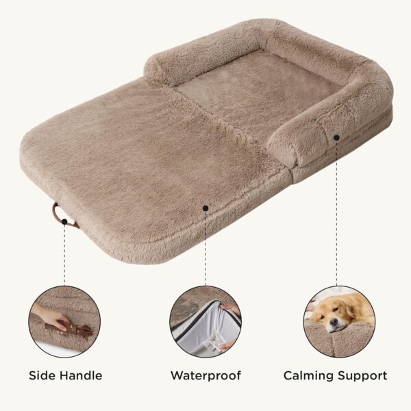 Bedsure Foldable Human Dog Bed for People Adults, 2 in 1 Calming Human Size Giant Dog Bed Fits Pet Families with Egg Foam Supportive Mat and Waterproof Liner, Faux Fur Orthopedic Dog Sofa, Camel - Image 5