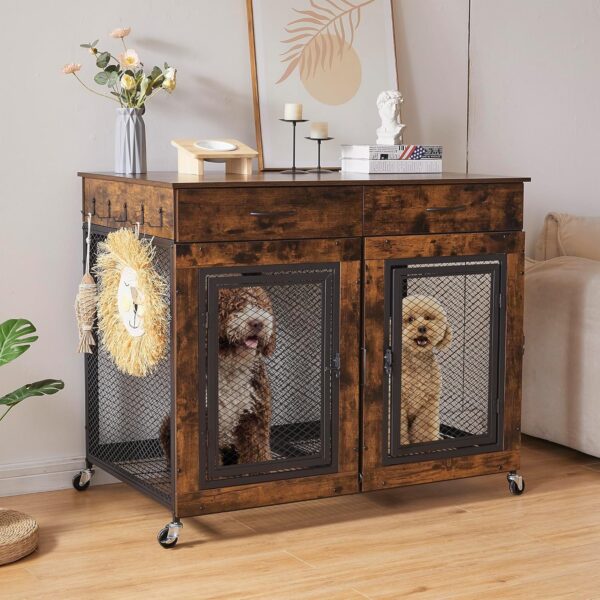 43" Large Dog Crate Furniture, Wood Dog Kennel End Table with Drawers, Decorative Pet Crate with Removable Partitions & Wheels, Dog House Indoor for Large/Medium/Small Dogs