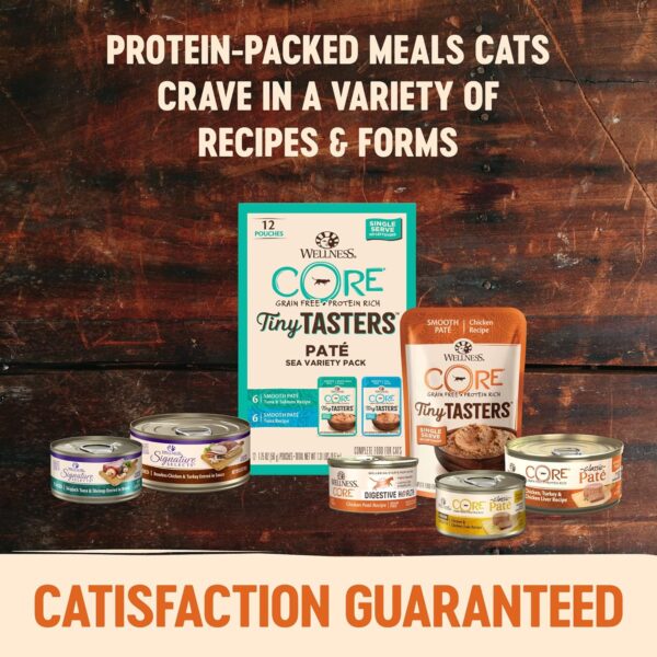 Wellness CORE Tiny Tasters Wet Cat Food Topper, Grain Free, Complete & Balanced Nutrition Made with Real Meat, No-Mess Pouches, 12 Pack (Adult Cat, Seafood Variety Pack) - Image 4