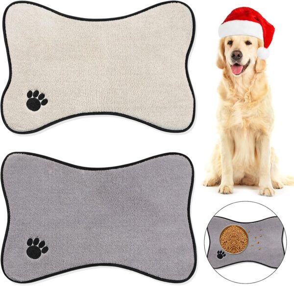 Dog Mat for Food and Water 2 Pieces Bone Shape Dog Mats Non-slip PET Feeding Mat for Under Dog Bowls Embroidered Microfiber PET Bowl Mat Water Absorbent Dog Feeding Mat for Dog PET Supplies, 2 Colors