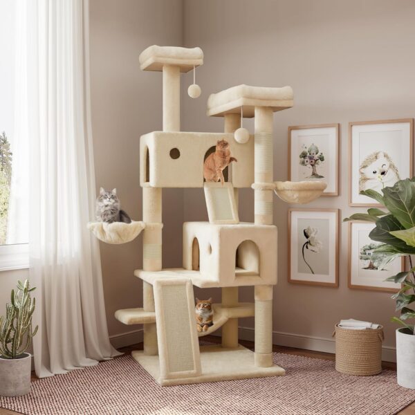 SHA CERLIN 65in Larger Cat Tree Tower Condo for Indoor Cats, Multi-Level Furniture Activity Center with Wide Base/Cozy Plush Cat Perches/Baskets/Sisal Scratching Posts and Hammock/Beige