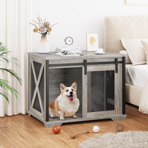 Furniture Style Dog Crate End Table with Sliding Barn Door, Indoor Dog Kennel Furniture with Removable Divider, Flip Top Dog Crate Table, Dog House,Dog Crate Furniture, Grey